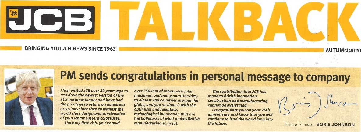 英國首相致信祝賀JCB成立75周年！